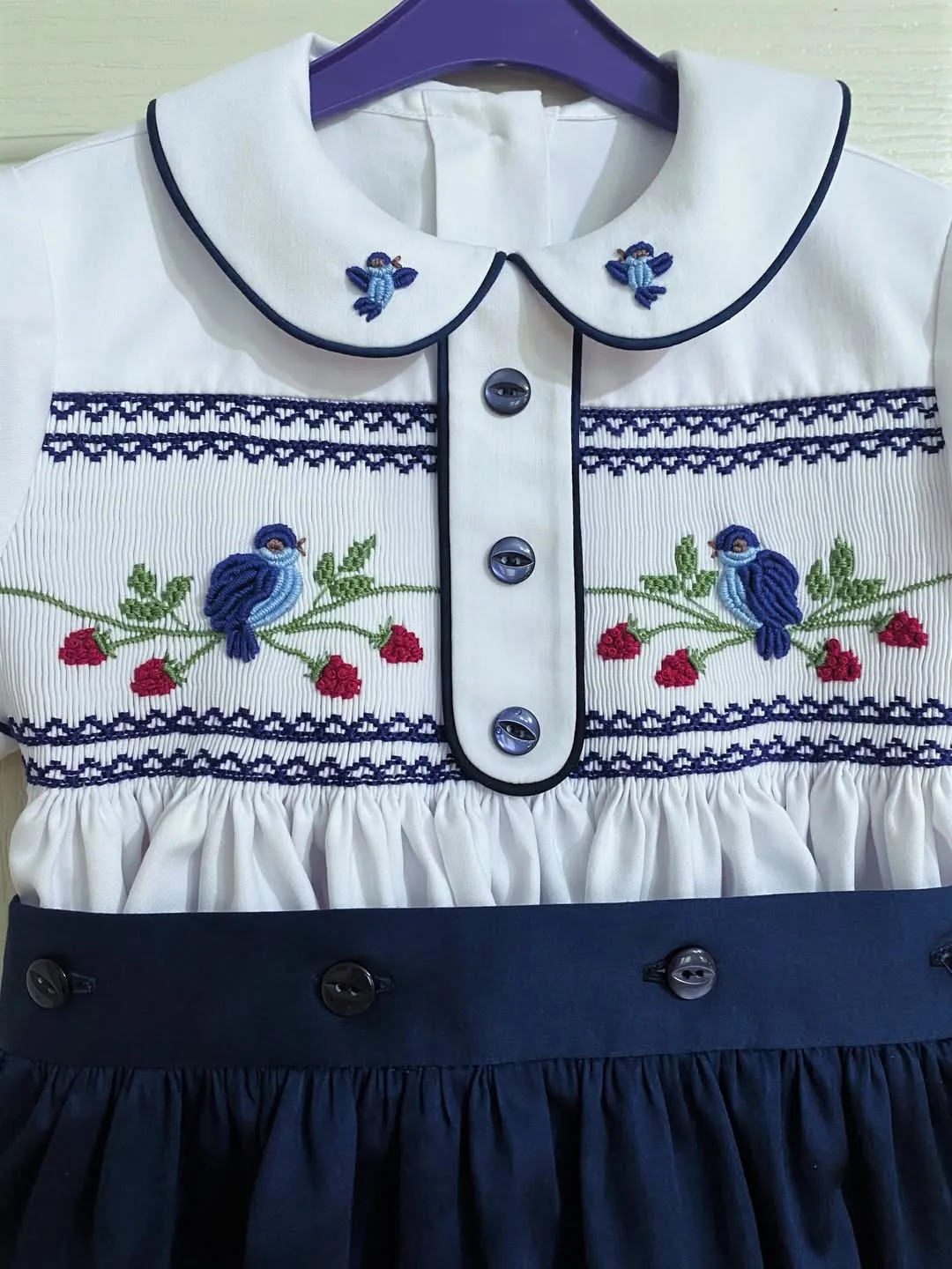 0-6Y Baby Boy Vintage Smocked Handmade Embroidery Bird Red Navy Blue Suit Outfit For Birthday Party Photography