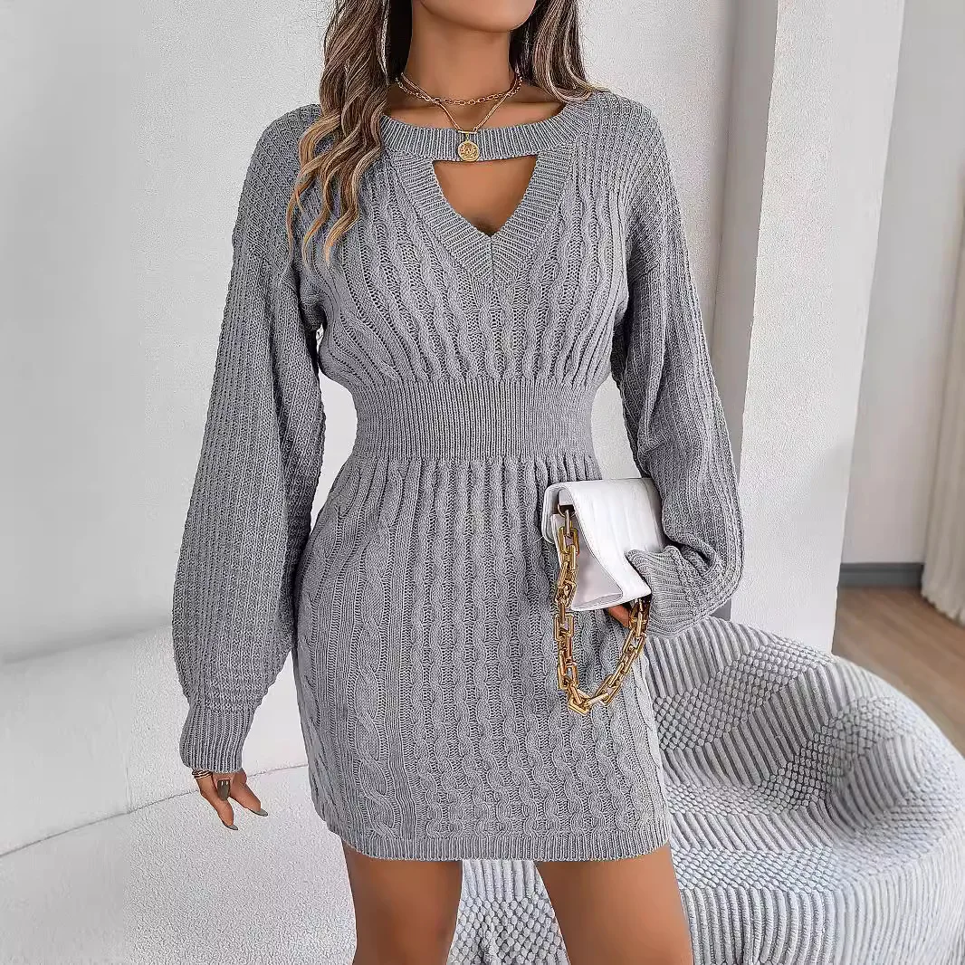 Casual Loose Twists Knit Sweater Dresses Autumn Winter Women Dresses 2024 Hollow Out V-neck Full Lantern Sleeve Hip Mini Dress