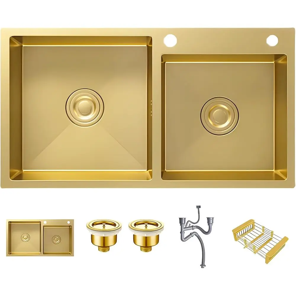 

Gold Double Bowl Kitchen Sink, 31.5" ×17.7" StainlSteel Nano-Coated, Double Basin Sink, Drop-In Undermount, With Gold Sink Stopp
