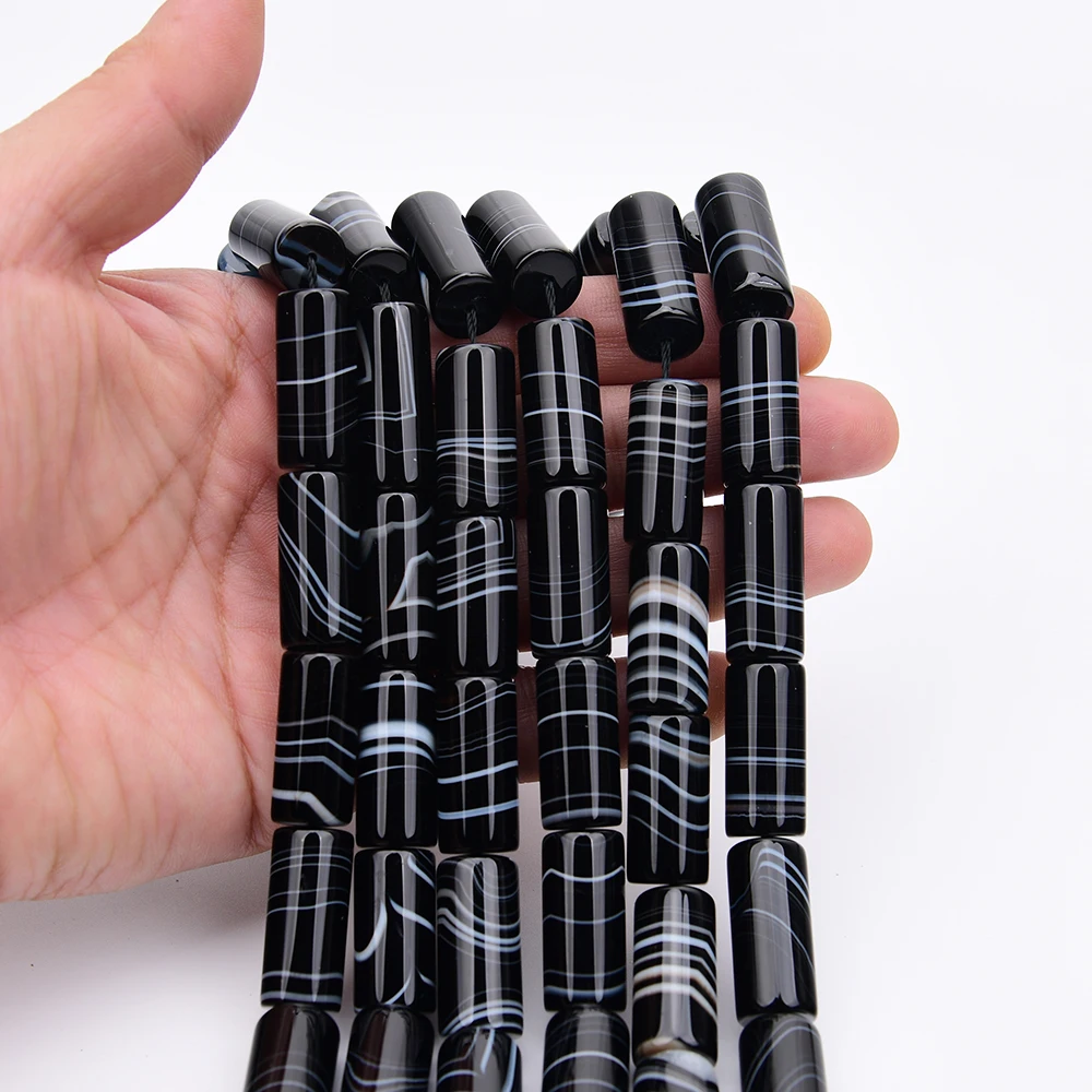 APDGG 12x25mm Natural Black Stripe Agate Rare Cylinder Stone Loose Beads 16'' Strand Jewelry DIY