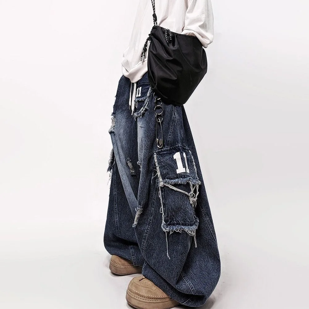 ARENS 2026 New Original Wornout Broken Hole Patched Multi Pockets Design Baggy Jeans Men's Fashion Street Denim Pants