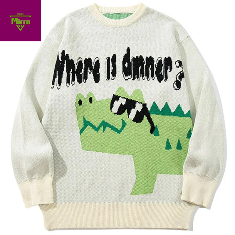 

【Mirrordust】Dinosaur Graphic Sweaters Men Oversized Y2K Sweaters Knit Jumpers Streetwear Harajuku Hip Hop Sweaters Knitwear