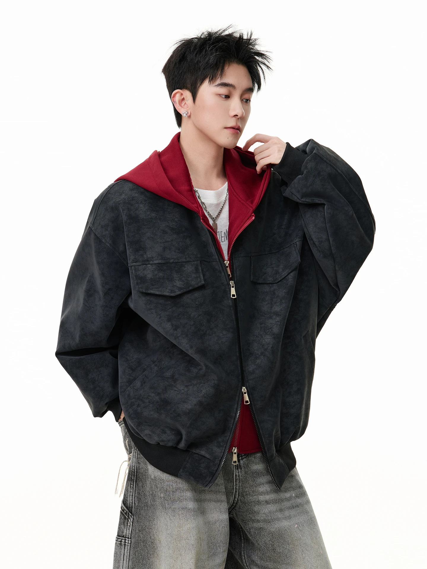 

American Retro Men's Hooded PU Leather Jaet Youth Trendy Street Sle Matte Fini Fake Two-Piece Patchwork Biker Jaet