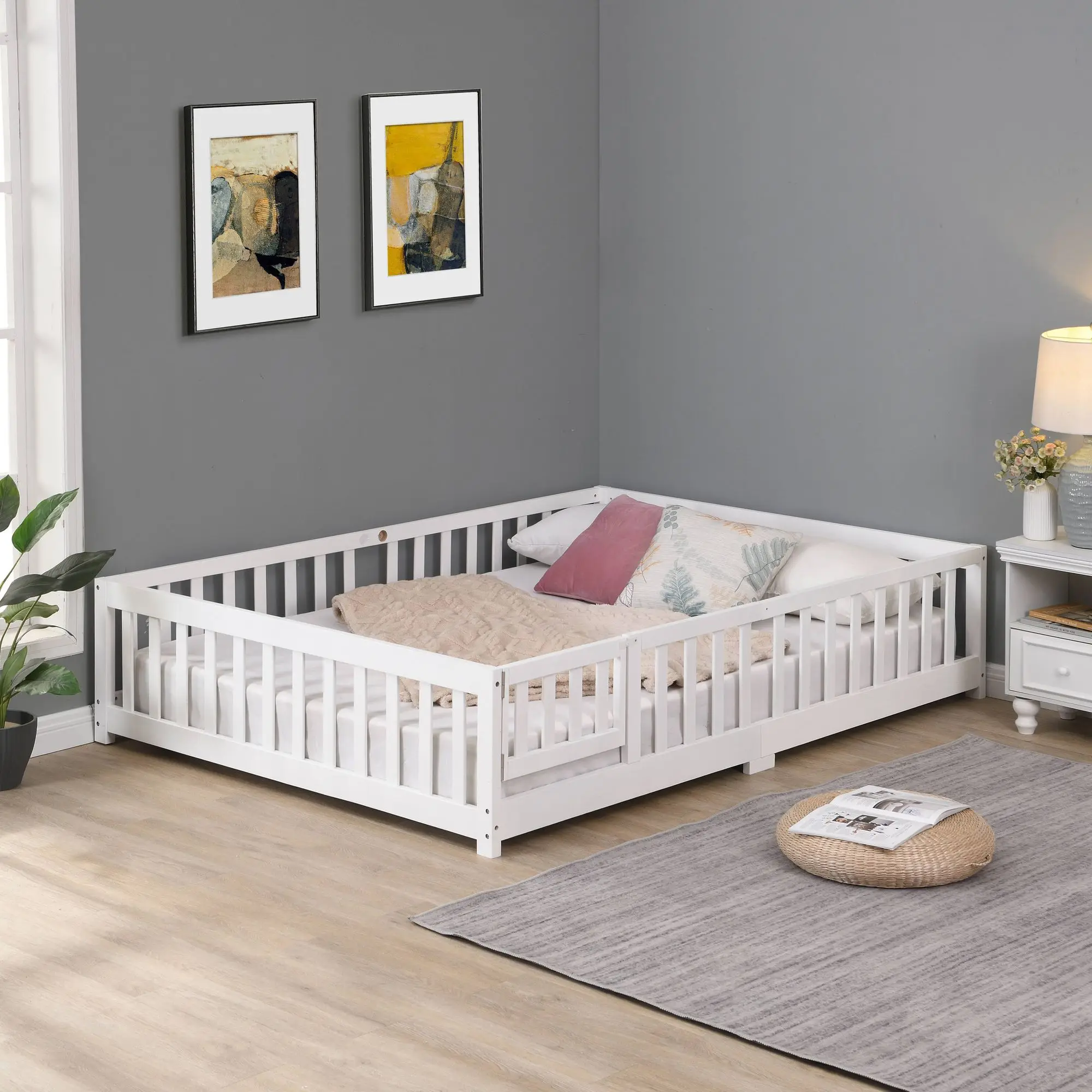 

Queen Size Floor Bed with Door, Solid Wood Platform Bed Frame with Fence, Suitable for children, Pine Wood