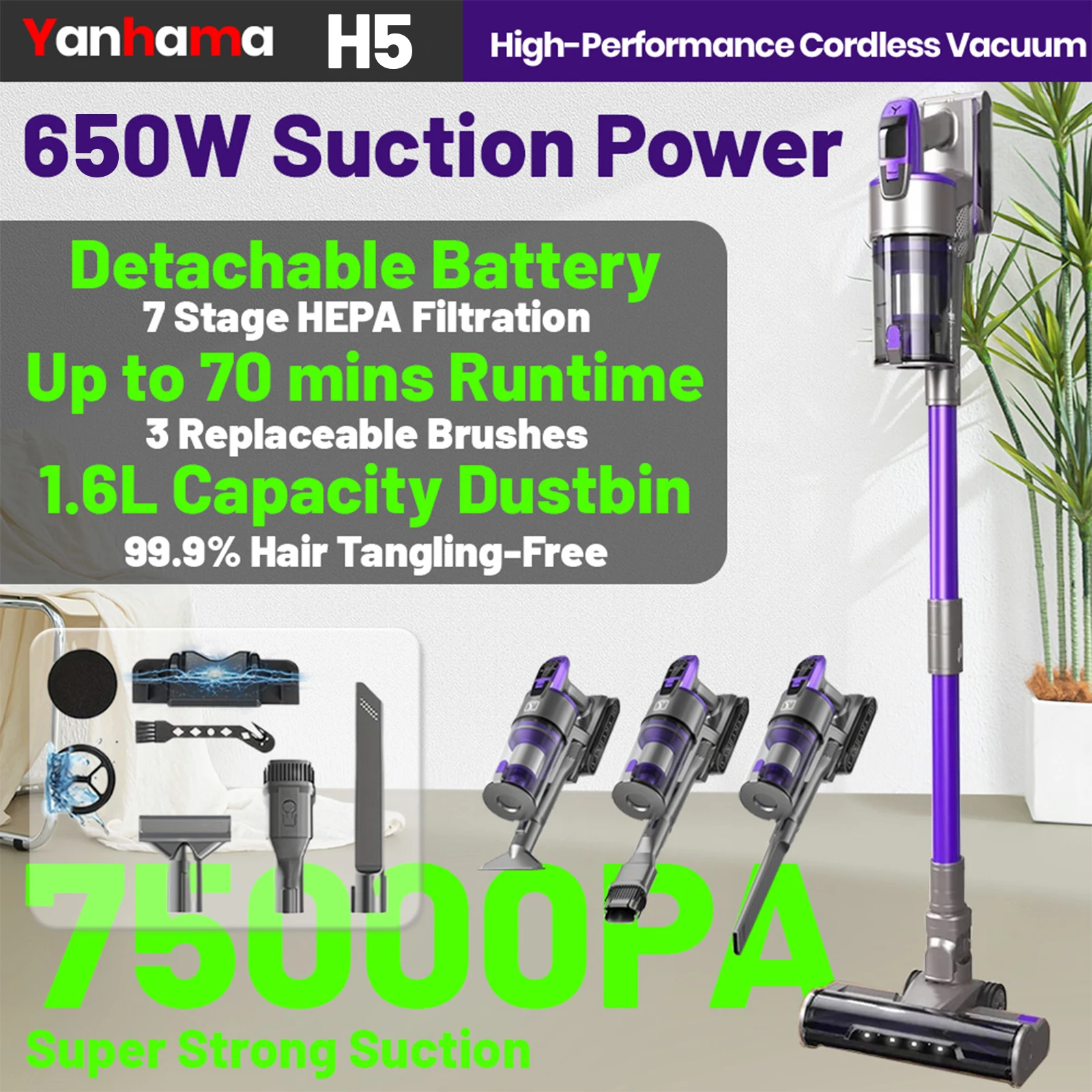 Aspirateur sans fil Yanhama-aspirateur à bâton 75KPA/650W/70 minutes avec station de chargement, aspirateur sans fil Anti-emmêlement pour animaux de compagnie