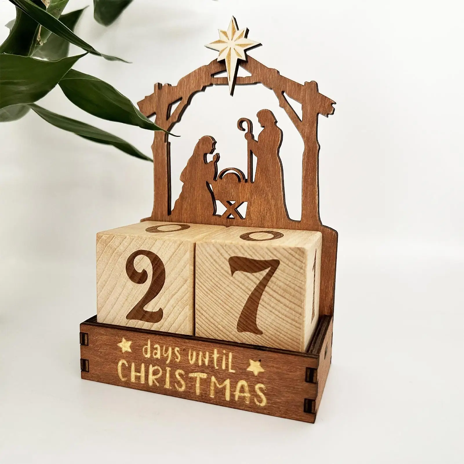 25-Day Wooden Nativity Countdown Calendar Tabletop Christmas Ornament Winter Festival Celebration Christian Advent Calendar