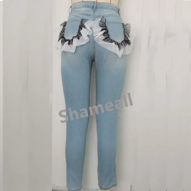 Sexy Bag Hip Lace Ruffles Patchwork Pockets Low Rise Pencil Jeans Street Push Up Distressed Stretchy Ripped Skinny Denim Pants