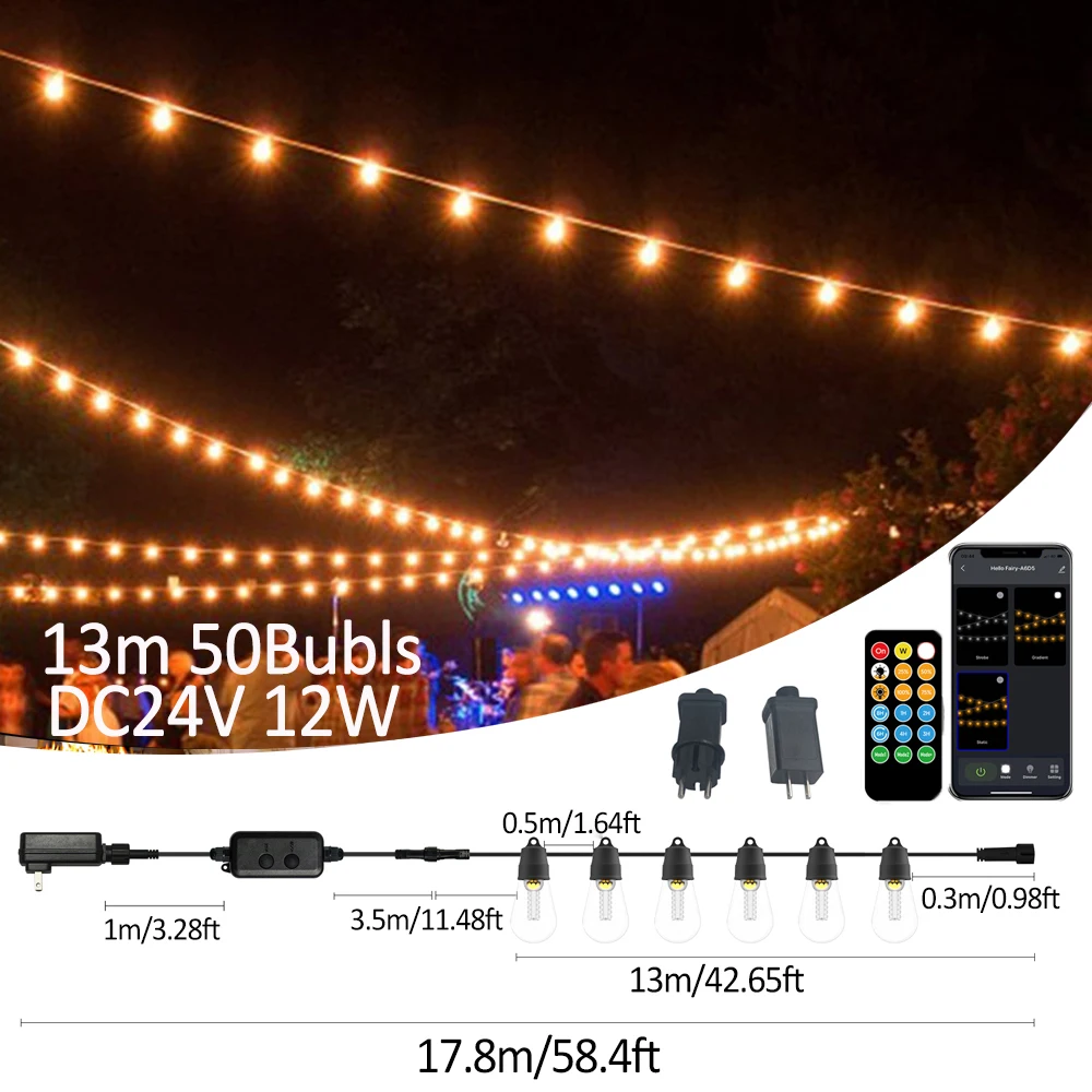 

S14 DC 24V Smart Outdoor DIY String Lights Remote Control Lights Bulbs for Patio Garden Outside Backyard Christmas decoration