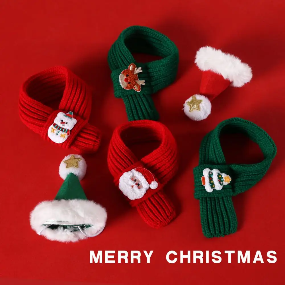 Snowman Pet Hat 2pcs Pet Christmas Hat Scarf Set Adjustable Santa Hat with White Pompom Knitted Cat Dog Scarf for Small Pets