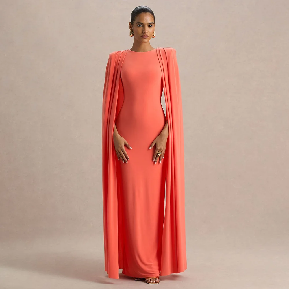 Vestido Largo de Lujo Color Rosa Coral Sólido para Mujer, Cuello Redondo, Cintura Alta, Corte Ajustado, Maxi Vestido Elegante con Manga Capa hasta el Suelo, Vestidos de Noche para Fiesta