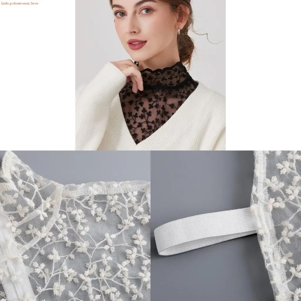 F92D Breathable Seethrough False Collar With Lace Flower Pattern Detachable Collar
