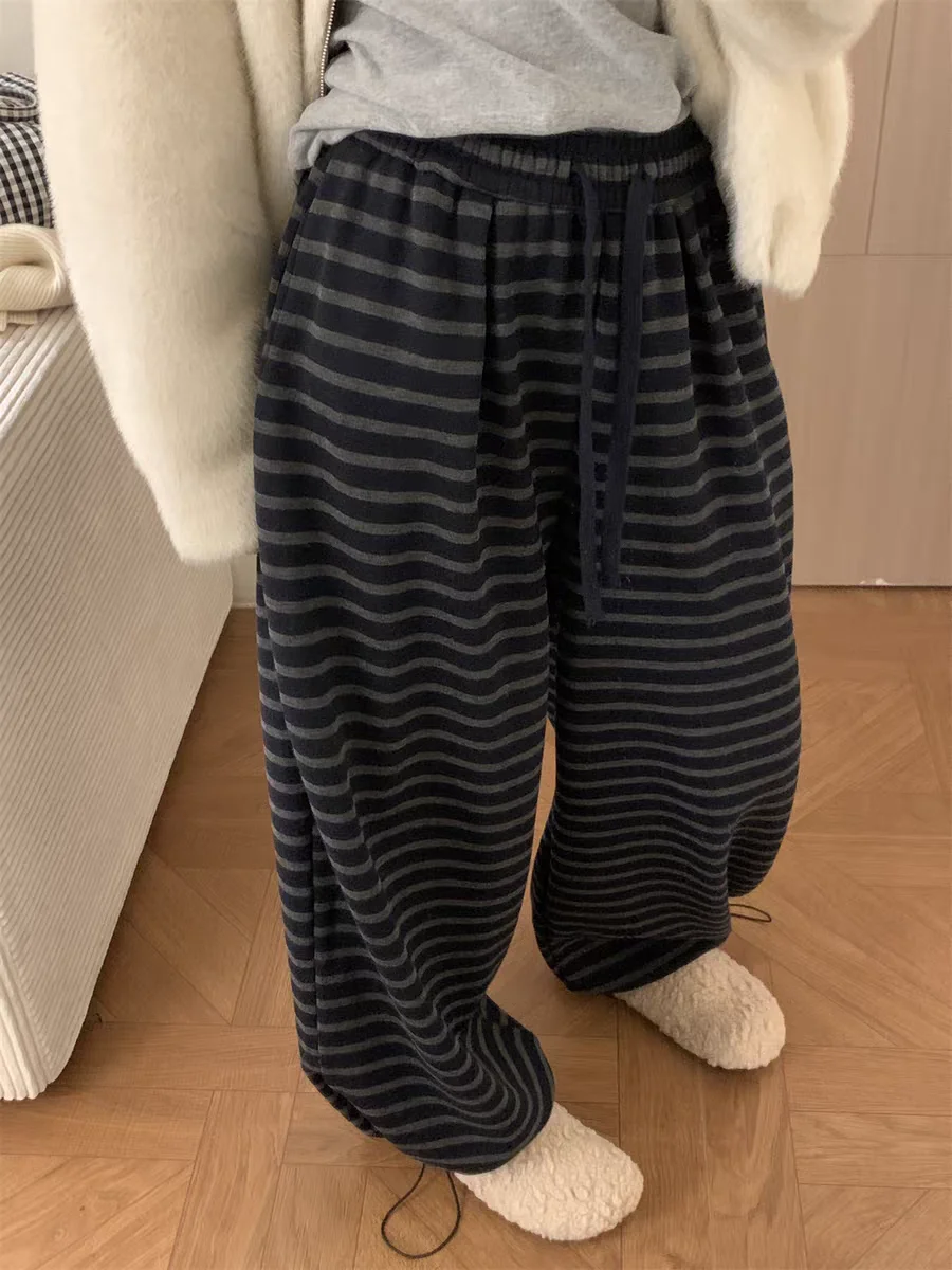 Thi Warm Faionable Striped Wide Leg Pants Women's High Waist Drapey Straight Cut Trousers plus Size Korean Sle Cuffed P...