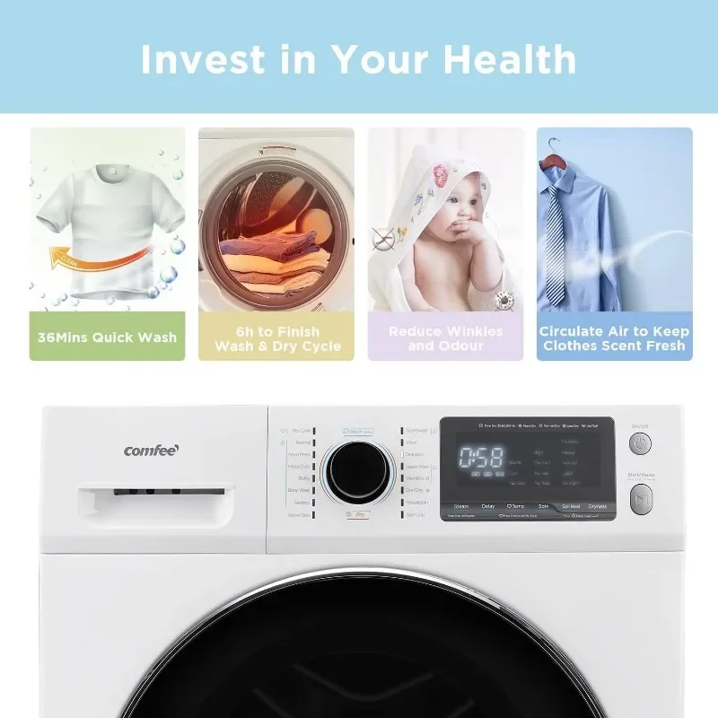 Washer and Dryer Combo Steam Care, Overnight Drying, Shock-Free Front Load Fully Automatic Machine