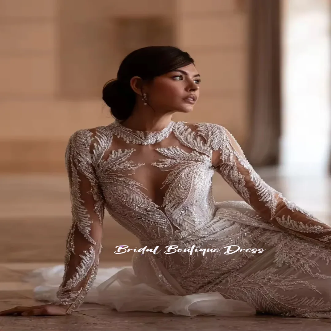 Aangepaste bescheiden prachtige hoge kraag lange mouw trouwjurk sprankelende pailletten kralen jurk voor bruid elegante bruidsjurk