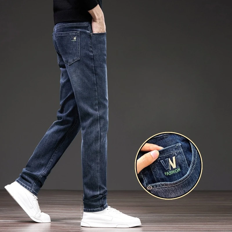 

Осень 202, эластичные универсальные свободные модные джинсы высокого класса, мужские модные брендовые облегающие прямые брюки-трубы, мужские брюки