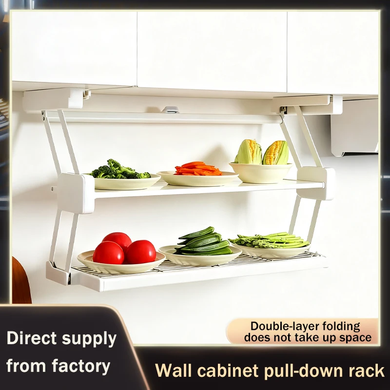 Pull Down Basket Wall Mounted Foldable Spice Rack Space Saving Easy Access Two Tier Lift Shelf For Kitchen Cabinet Storage
