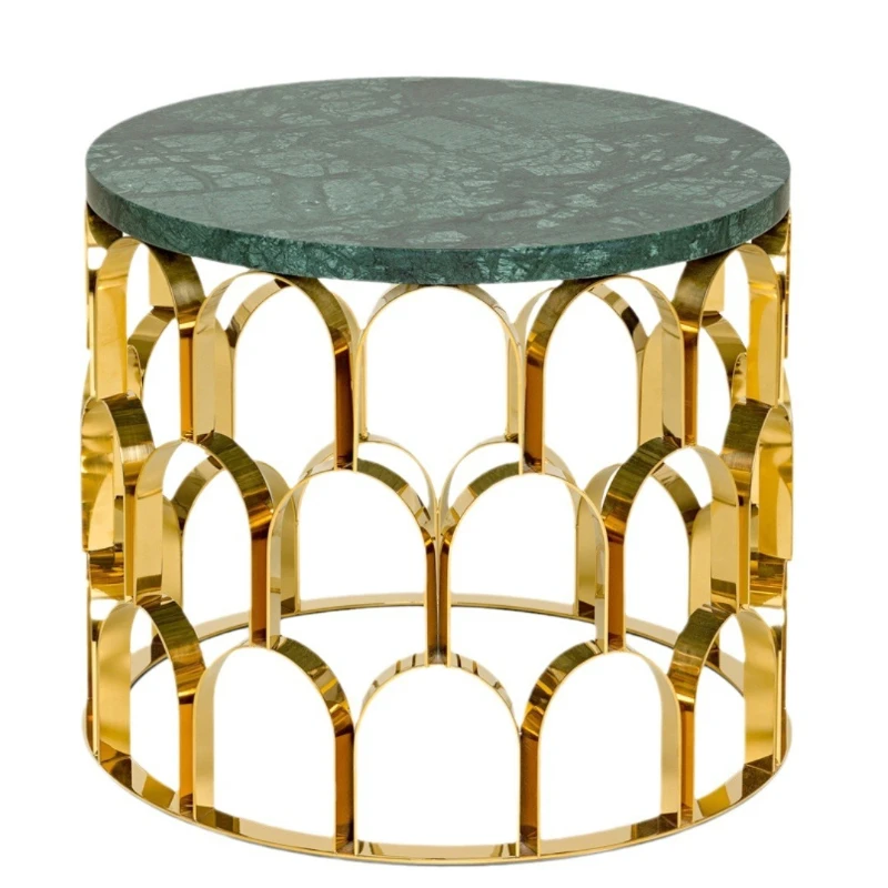 Light luxury stainless steel marble edge, modern simple living room, sofa corner, small round table, balcony, leisure tea table