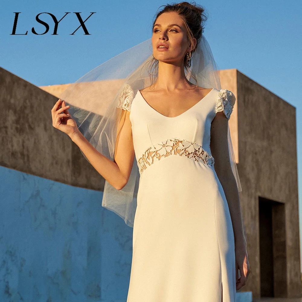 LSYX Customized Sweep Train Cap Sleeves V-Neck Lace Spandex Boho Mermaid Wedding Dress Court Train Open Back Bridal Gown Beach