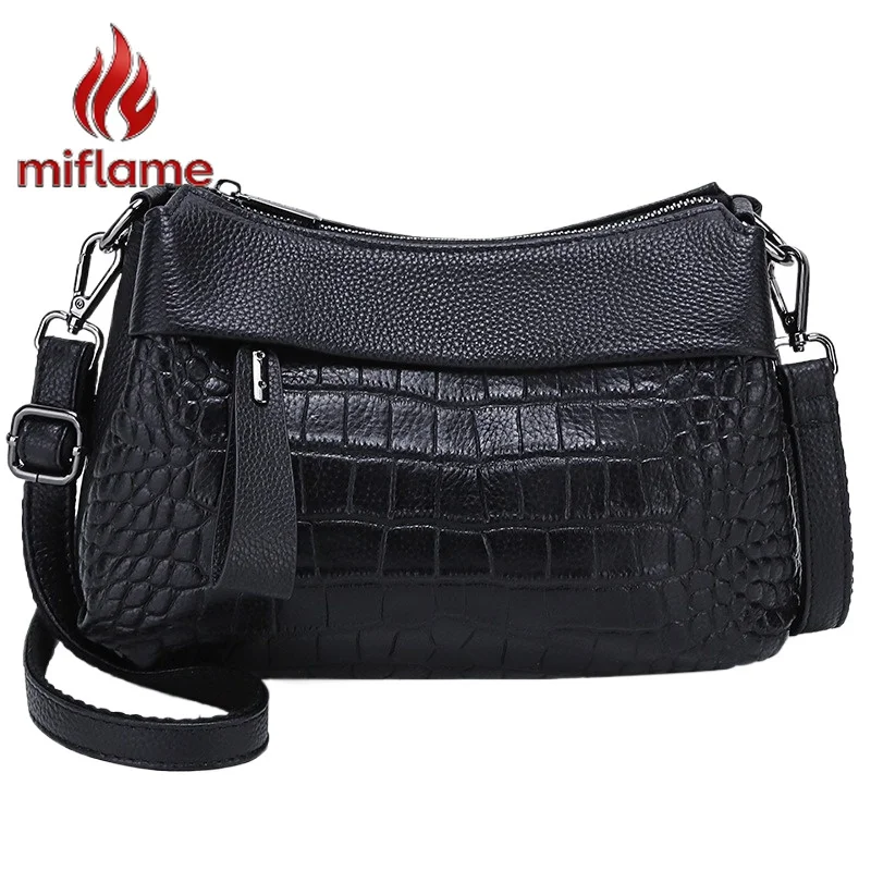Genuine Top Layer Cowhide Leather Soft Handbag for Women Large Capacity Crocodile Pattern Crossbody Shoulder Bag
