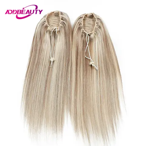 Cola de Caballo con cordón, cabello humano liso, extensiones de cabello Natural Real, cierre con cordón, cola de pelo falso para mujeres, Rubio degradado