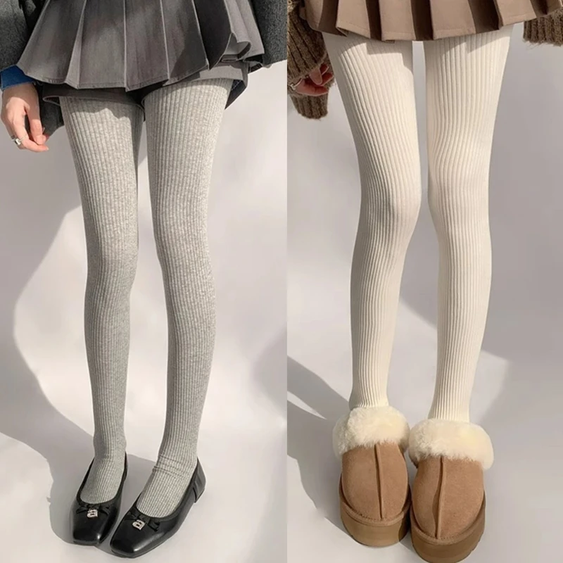 Women Winter Autumn Solid Color Vertical Striped Pantyhose Stockings Thicken Ribbed Knit Sweater Tights Leggings Hosiery