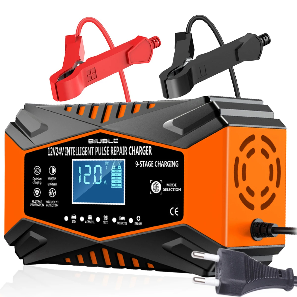 Chargeur de batterie de voiture 12V, réparation d'impulsion intelligente, affichage LCD, batterie de voiture, moto, charge de batterie, chargeur de réparation
