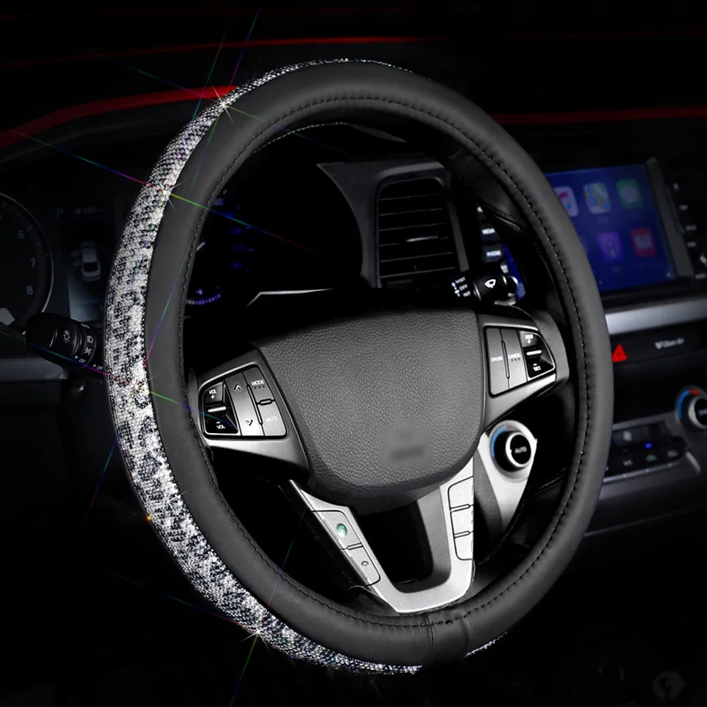 38cm Anti-slip Leather Car Steering Wheel Cover Case with Crystals for BMW Toyota Benz Andi Nissan Mazda Honda Styling