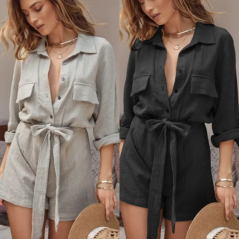 Spring and Autumn New European and American Women's Clothing Solid Color Temperament Reversed Shirt Cotton and Linen Jumpsuit