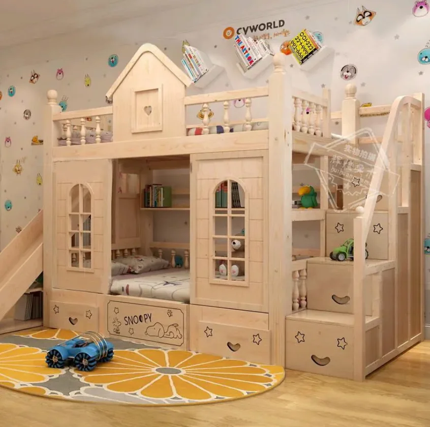 #Modern Wood Children's Bunk Bed With Slide And Castle Design Eco-Friendly Durable Storage Full Size