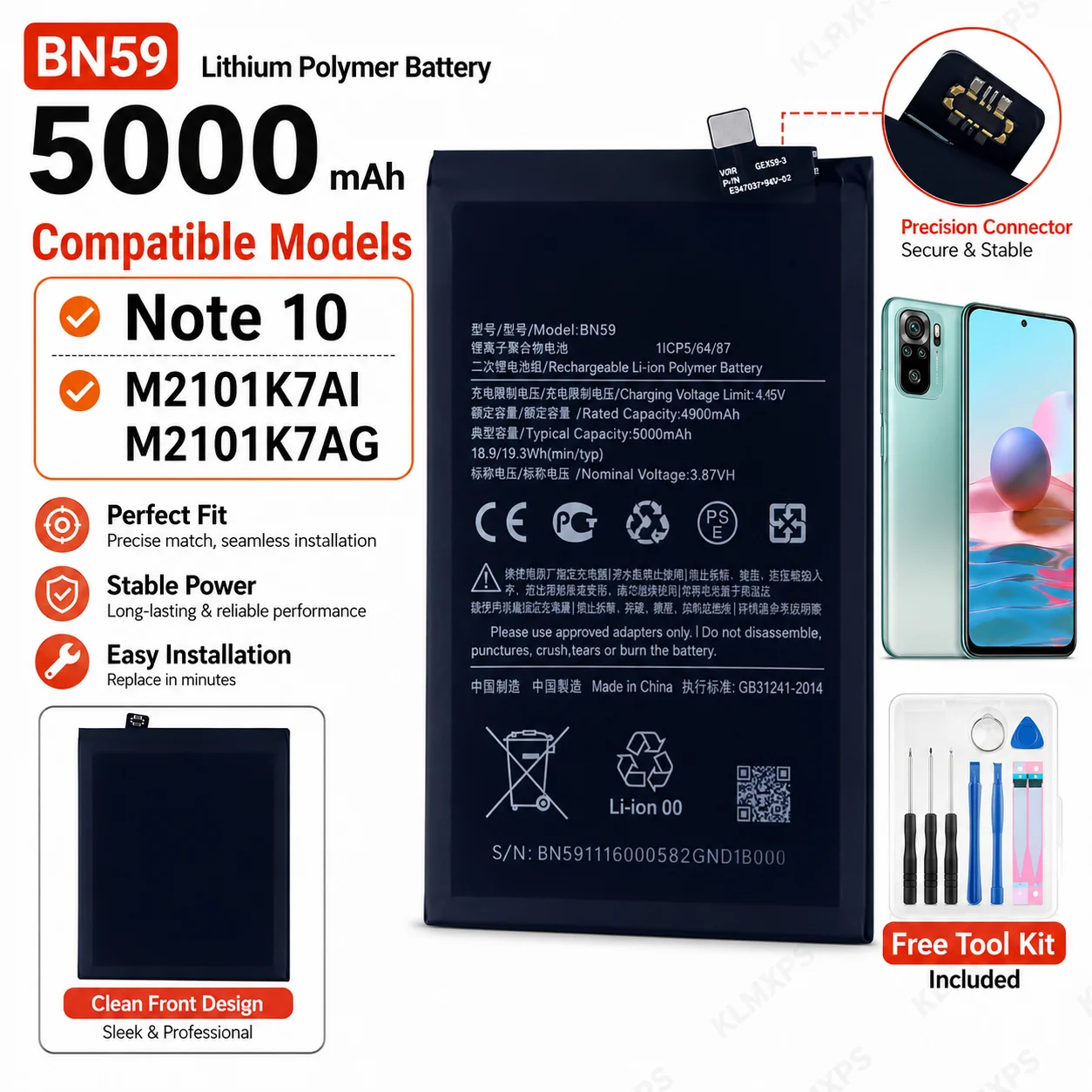 Premium Replacement Battery BN59 5000mAh For Xiaomi Redmi Note 10 10S Note 10 Pro 10pro Mobile Phone Repair Battery Pack