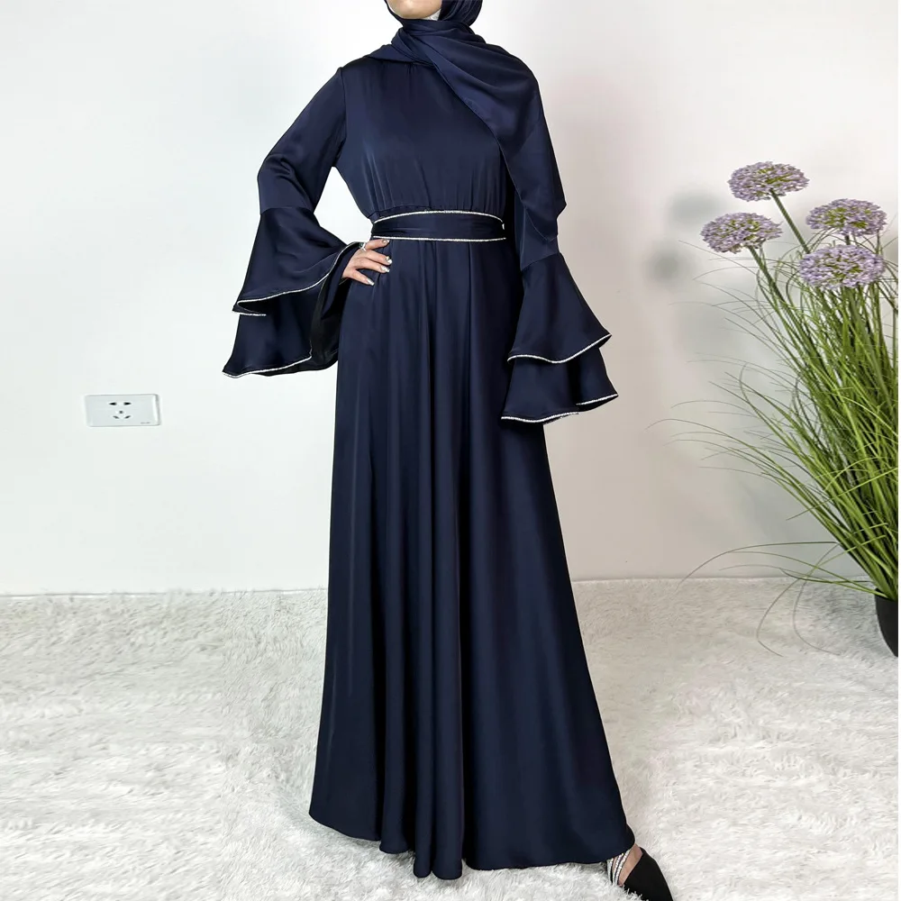 Vestido musulmán Abaya de lujo para mujer con bufanda chal, decoración de cadena de diamantes, mangas acampanadas en capas, bata islámica, fiesta, Ramadán