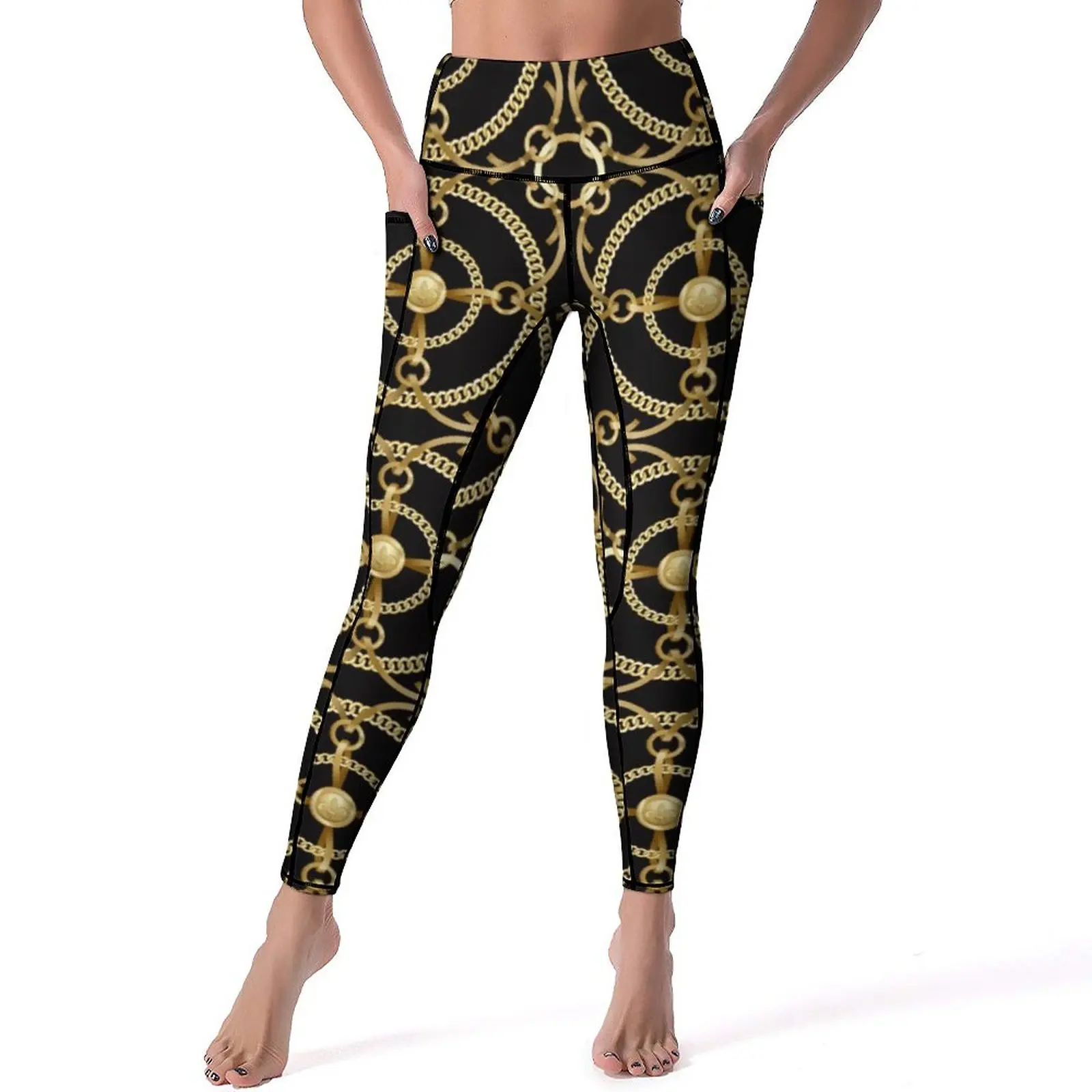 Golden Chain Print Yoga Pants Sexy Circles Art Design Leggings High Waist Fitness Gym Leggins Women Sweet Stretch Sports Tights