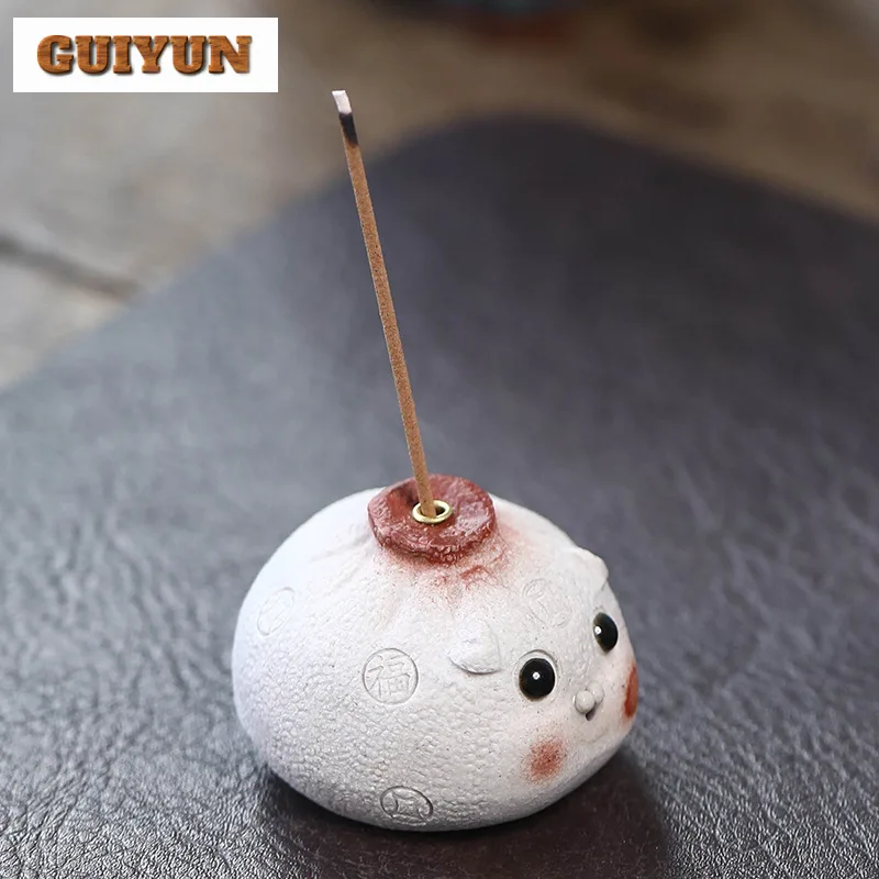 Handmade Small Dragon Bun Tea Pet Yixing Purple Clay Fragrance Insertion Holder Cute Pig Tea Figurine Toys Statue Ornament Craft