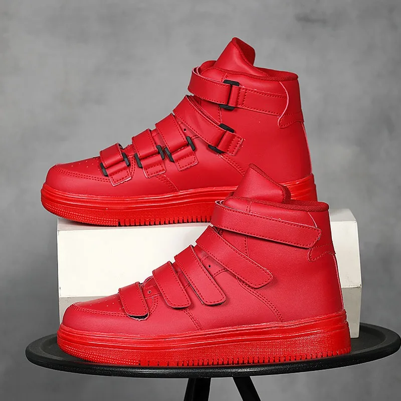 Spring Autumn Men High Top Shoes Fashion Red Men Sneakers Leather Casual Breathable Skateboard Sneakers Men Flat Vulcanized Shoe