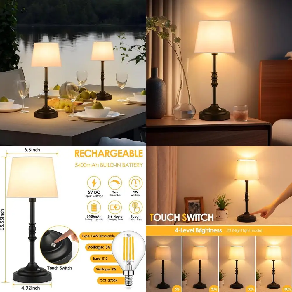 

Пара перезаряжаемых светодиодных настольных ламп с 4-уровневым затемнением, черные с белыми тканевыми абажурами, идеально подходят для домашнего и наружного использования.