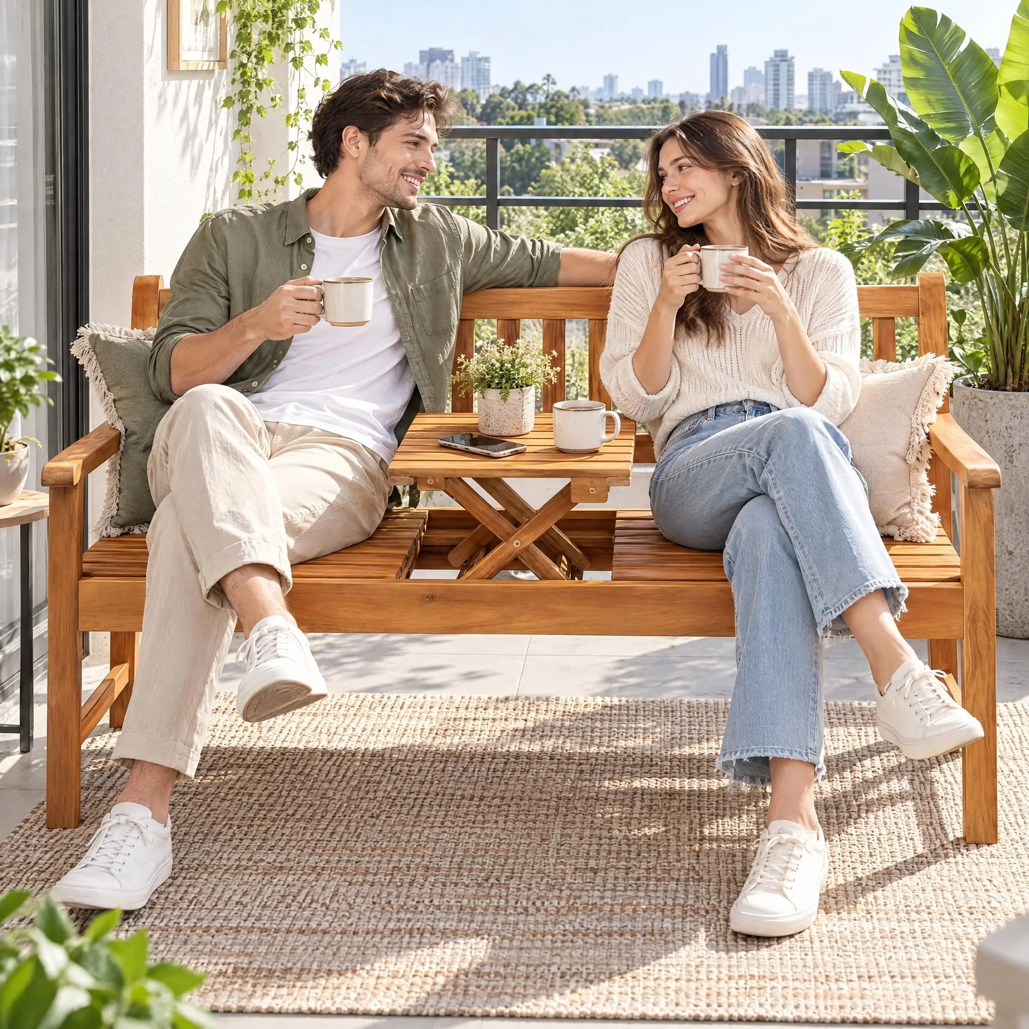Outdoor Bench with Pull-Up Table, Acacia Wood 2-Person Loveseats