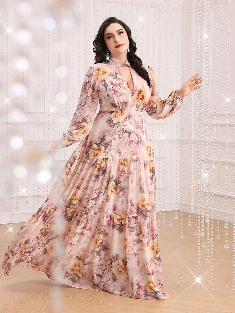 Toleen 2024 Nieuw In De Lente Zomer Casual Elegant Feest Maxi Jurken Plus Size Dames Bloemenprint Sleutelgat Hals Lange Mouwen Jurk