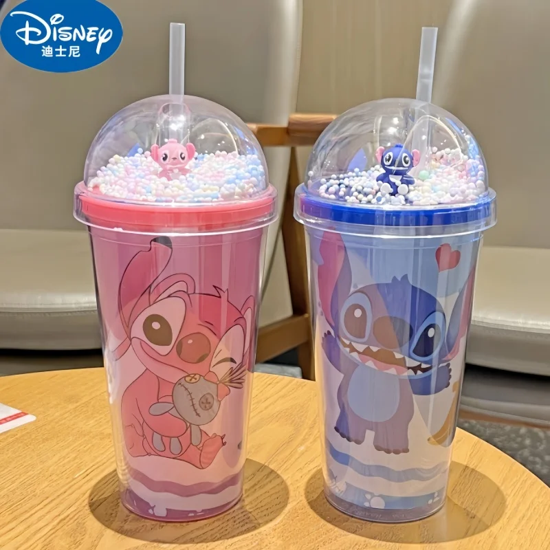 Disney 450ml Stitch Cartoon Double Layer Plastic Water Cup Student Portable Sippy Cup For Boys Girls Cute Anime Straw Cups Gift