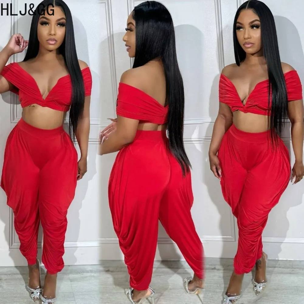 

HLJ&GG Sexy Off Shoulder Ruched Pants Two Piece Sets Women V Neck Short Sleeve Crop Top And Pants Outfits Spring New Tracksuits