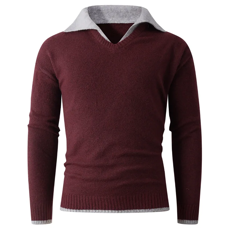 

Fashion 2025 Autumn and Winter New Sweater Men's Solid Color Fake Two-piece Sweater V-neck Base Shirt