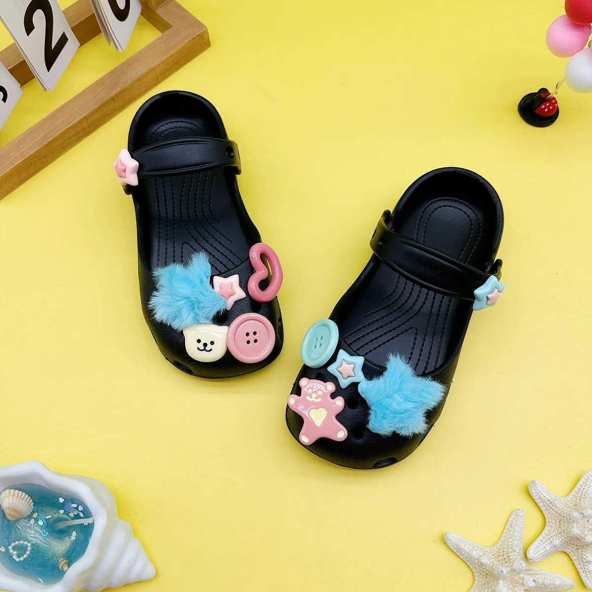 Summer Cartoon Button Blue Star-Shaped Ballet Shoes Mary Jane Girls' Closed-Toe Sandals Beach Shoes Clogs