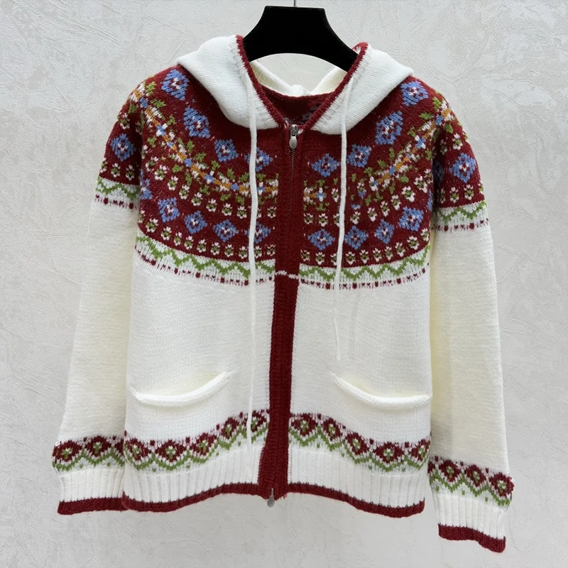 Maglione cardigan lavorato a maglia da donna jacquard The Fair Island di alta qualità con comode coulisse con cappuccio 251206129