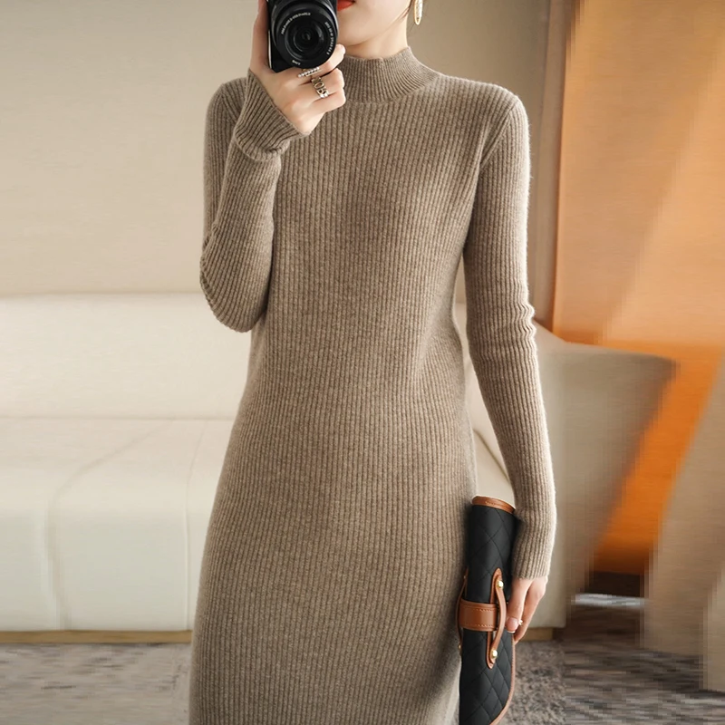 Autumn Winter New Dress Women's Half High Neck Pullover 100% Pure Wool Slim Fit Long Solid Color Temperament Knitted Wool Dress