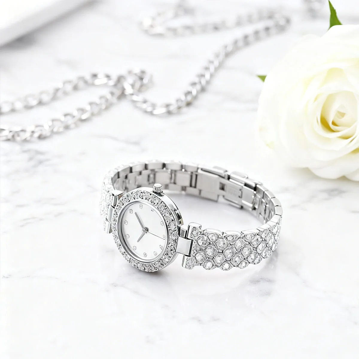 Ladies rhinestone Roman steel strap quartz watch, alloy case and strap, suitable for ladies' daily wear, suitable for gifts