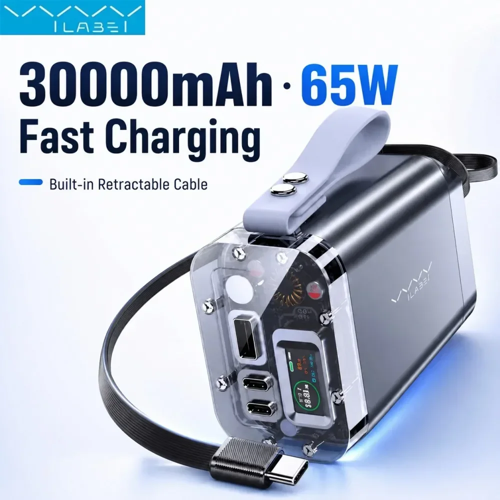 Vyvylabs 30000mAh Power Bank 65W PD Fast Charging Retractable USB-C Cable Digital Display Portable Charger Laptop Travel Camping