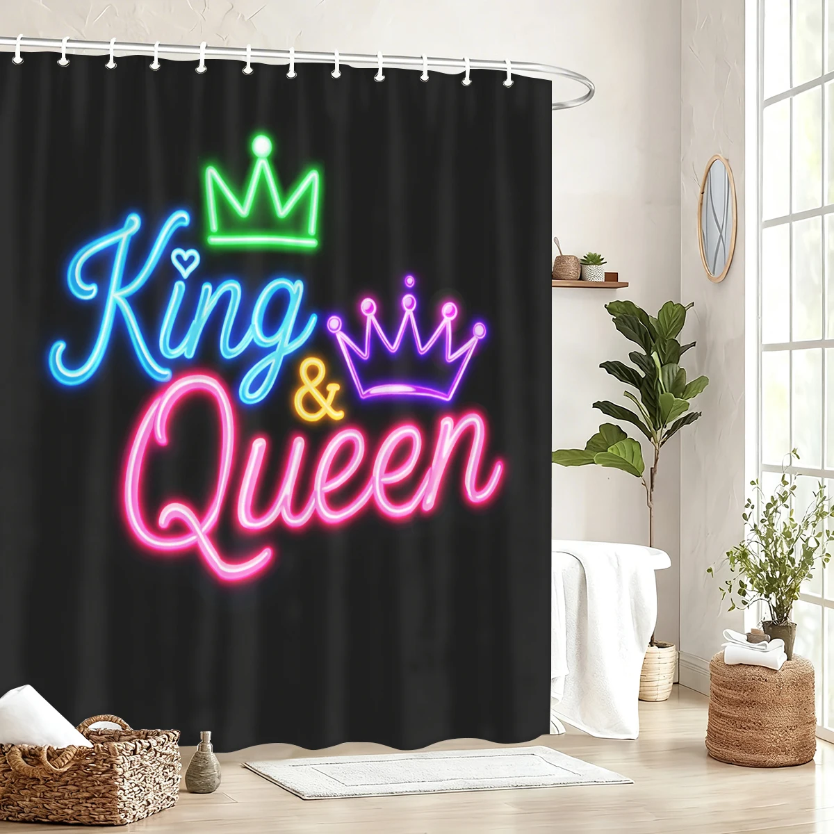 

King & Queen Themed Polyester Shower Curtain - Stylish Printed Bathroom Decor, Trendy Bath Curtain for Couples