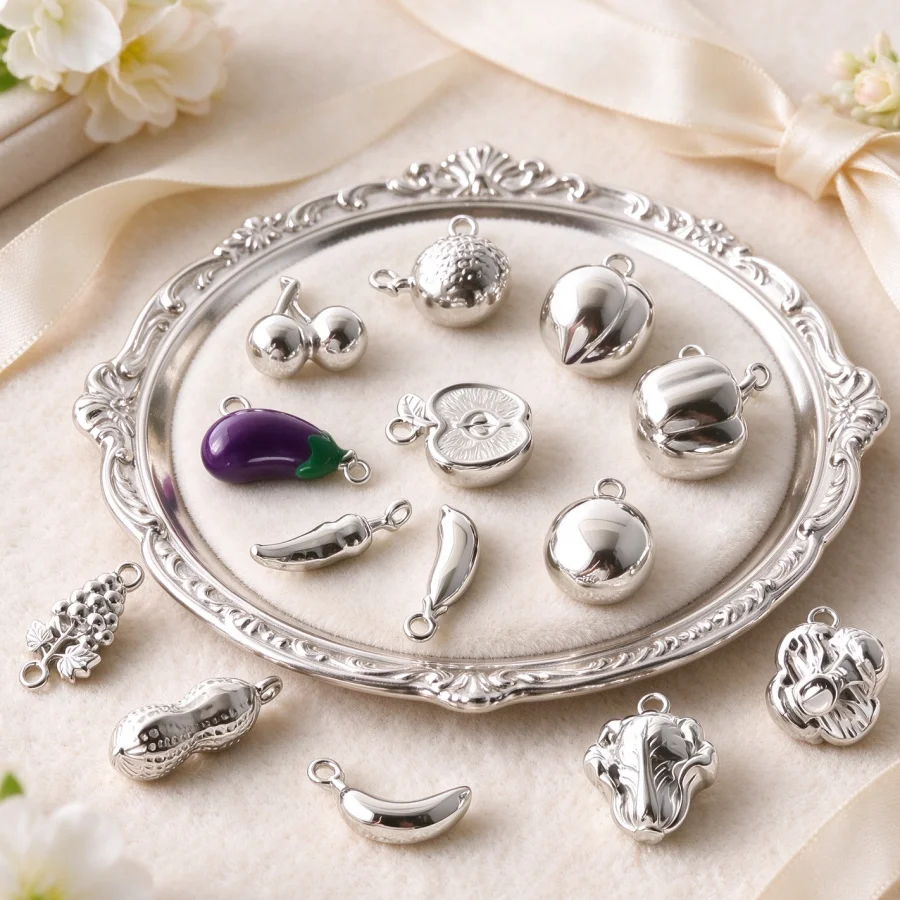 9Pcs 3D Stainless Steel Silver Color Fruit Vegetable Food Charms Broccoli Grape Carrots DIY Necklace Jewelry Making Accessories