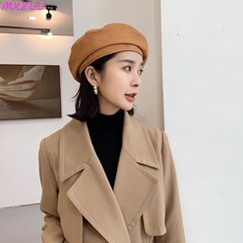 Ladies Genuine Leather Top Hats Exquisite Berets Femme Sheepskin Light Luxury Retro Khaki/Brown Cap Showing Small Face Headdress