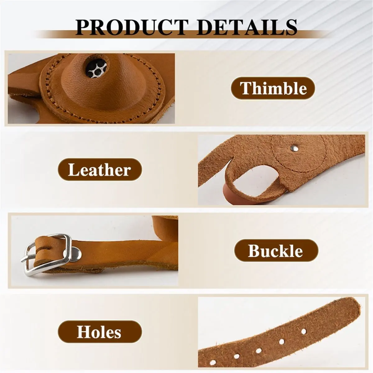 A78I Sewn Leather Thimble Hand Protector, Left Hand Anti-Slip, Hand-Embroidered Sewn Hand Protective Gloves