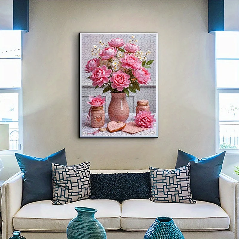 1000pcs Pink Vase Jigsaw Puzzle - Large, Challenging DIY Decoration Game for Adults, Family Interaction, and Brain Teasers - S